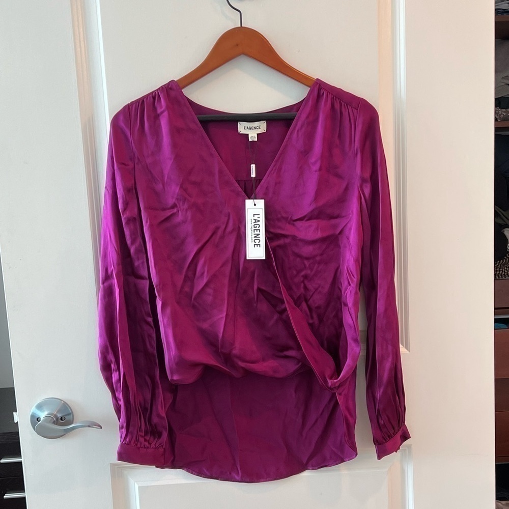 NWT L'AGENCE Silk drape wrap Front Long Sleeve Shirt Size XS